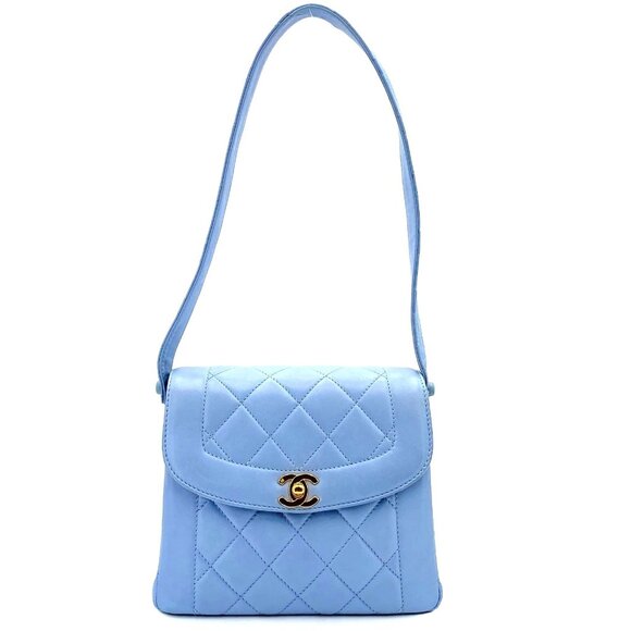 CHANEL Handbags - CHANEL 24K Vintage Flap Bag Lambskin Leather Quilted Chain Purse Blue